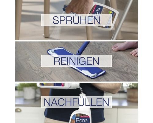 Bona Parkettreiniger Anwendung: Sprühen, Reinigen, Nachfüllen