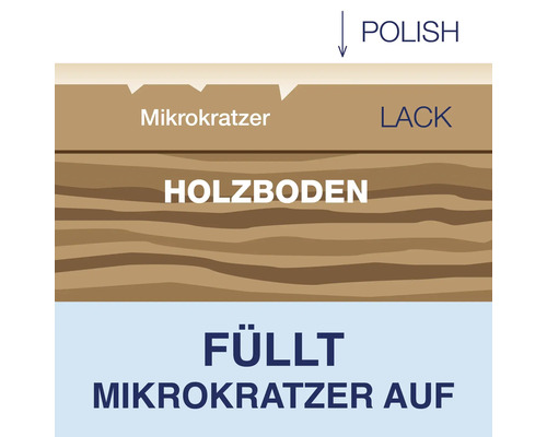 Darstellung eines Holzbodens mit Lackschicht, Mikrokratzern und dem Hinweis, dass eine Politur Mikrokratzer auffüllt