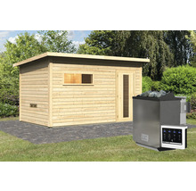 Sauna aus Holz mit Saunaofen und Steuerung