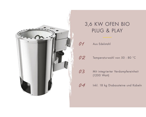 3.6 Kilowatt Bio Saunaofen zur Wandmontage aus Edelstahl mit 18 Kilogramm Diabassteinen