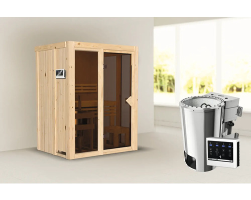 Plug & Play Sauna Iravos 1 inkl. 3,6 kW Bio Ofen u.ext. Steuerung und bronzierter Ganzglastüre