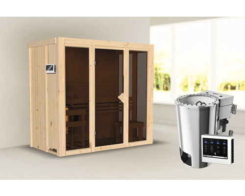 Plug & Play Sauna Iravos 2 inkl. 3,6 kW Bio Ofen u.ext. Steuerung und bronzierter Ganzglastüre