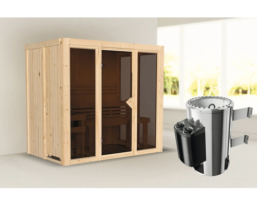 Plug & Play Sauna Iravos 3 inkl. 3,6 kW Ofen u.integr. Steuerung und bronzierter Ganzglastüre