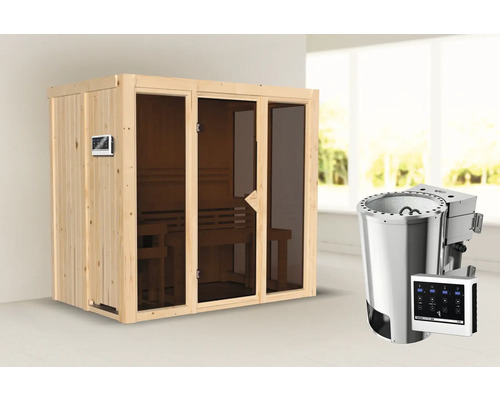 Plug & Play Sauna Iravos 3 inkl. 3,6 kW Bio Ofen u.ext. Steuerung und bronzierter Ganzglastüre