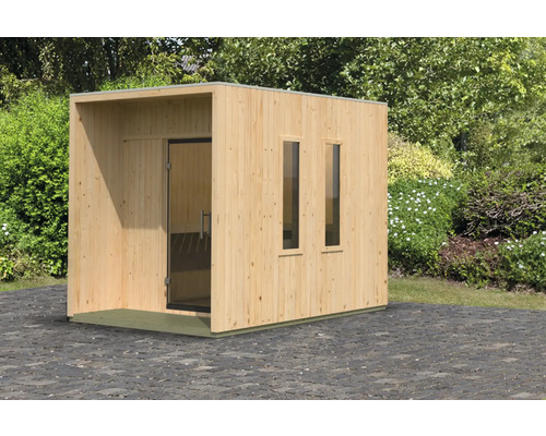 Saunahaus Karibu Sagunas ohne Ofen mit Fenster und Ganzglastür aus Klarglas Holzsauna mit Glastür und Fenstern im Garten