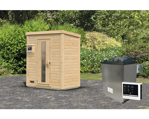 Saunahaus Karibu Talos inkl. 9 KW Ofen u.ext.Steuerung und Holztür und Isolierglas Außensauna aus Holz mit Saunaofen und Steuerung im Garten