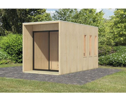 Saunahaus Karibu Miramor ohne Ofen mit Vorraum und Ganzglastür aus Klarglas Modernes Gartenhaus aus Holz mit Schiebetür und drei Fenstern