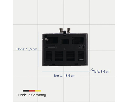 Abmessungen des Duschregals: 13,5 cm hoch, 18,6 cm breit und 8,6 cm tief