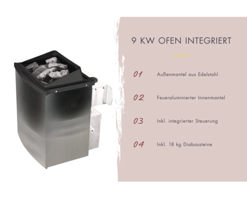 Elementsauna Karibu Melanit 1 ink.9 kW Ofen u.integr.Steuerung mit Dachkranz und bronzierter Ganzglastüre