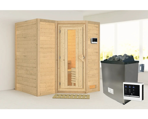 Elementsauna Karibu Melanit 1 inkl.9 kW Ofen u.ext.Steuerung ohne Dachkranz mit Holztüre und Isolierglas wärmegedämmt