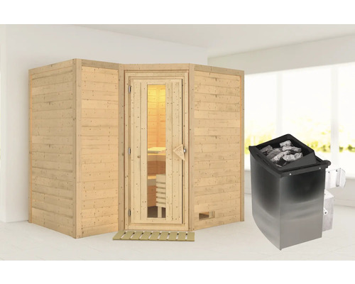 Massivholzsauna Karibu Melanit 2 inkl. 9 kW Ofen u.integr.Steuerung ohne Dachkranz mit Holztüre und Isolierglas wärmegedämmt