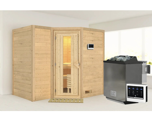 Massivholzsauna Karibu Melanit 2 inkl. 9 kW Bio Ofen u.ext.Steuerung ohne Dachkranz mit Holztüre und Isolierglas wärmegedämmt