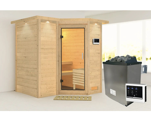 Elementsauna Karibu Melanit 1 inkl.9 kW Ofen u.ext.Steuerung mit Dachkranz und Ganzglastüre aus Klarglas