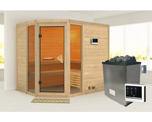 Elementsauna Karibu Tinai 3 inkl. 9 kW Ofen u.ext.Steuerung ohne Dachkranz mit bronzierter Ganzglastüre