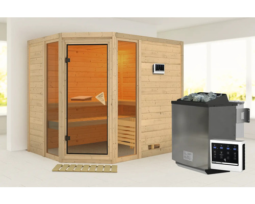 Elementsauna Karibu Tinai 3 inkl. 9kW Bio Ofen u.ext.Steuerung ohne Dachkranz mit bronzierter Ganzglastüre