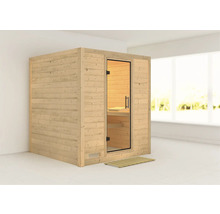 Holzsauna mit Glastür und Holzrost