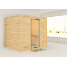 Holzsauna mit Glastür und Holzmatte