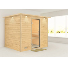 Holzsauna mit Glastür und Holzfußmatte