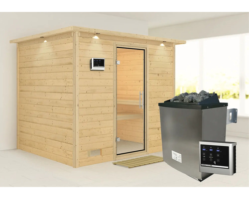 Massivholzsauna Karibu Coral inkl.9 kW Ofen u.ext.Steuerung mit Dachkranz und Ganzglastüre aus Klarglas