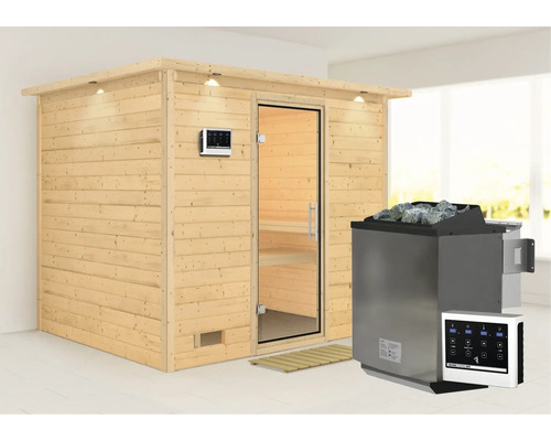 Massivholzsauna Karibu Coral inkl. 9 kW Bio Ofen u.ext.Steuerung mit Dachkranz und Ganzglastüre aus Klarglas