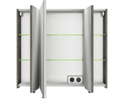 Offener Spiegelschrank mit drei Türen und Glasböden für das Badezimmer