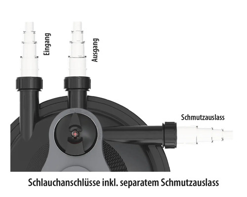 Schlauchanschlüsse mit separatem Schmutzauslass für Teichfilter