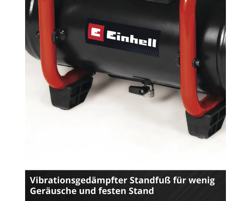 Einhell Logo auf einem Kompressor mit schwingungsgedämpften Füßen.