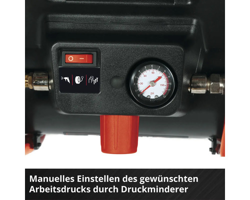 Detailansicht eines Kompressors mit Druckanzeige und Ein-Ausschalter