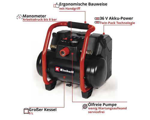 Einhell Akku-Kompressor mit Manometer, ergonomischem Handgriff, 36 V Akku-Power, Twin-Pack Technologie, ölfreier Pumpe und 6 Liter Kessel