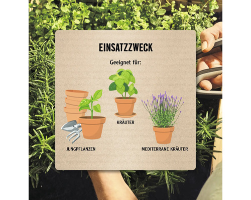 Illustration mit dem Verwendungszweck: Geeignet für Jungpflanzen, Kräuter und mediterrane Kräuter.