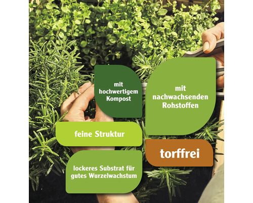 Produktmerkmale: mit hochwertigem Kompost, mit nachwachsenden Rohstoffen, feine Struktur, lockeres Substrat für gutes Wurzelwachstum, torffrei