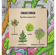 Verwendungszweck mit Beispielen für Obstbäume, Gemüse, Nadelgehölze sowie Zierbäume und Sträucher