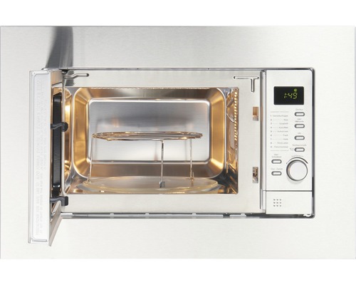 Mikrowelle mit geöffneter Tür, Drehteller und Grillrost