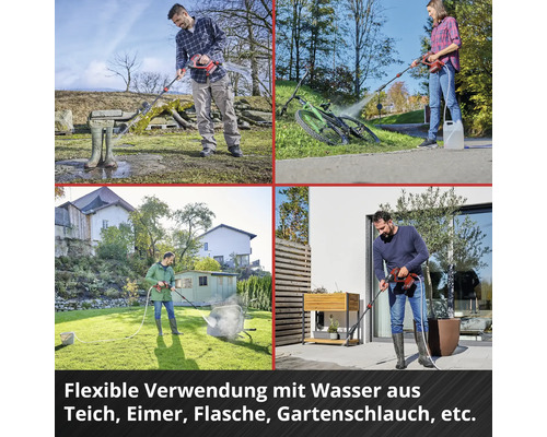 Anwendungsbeispiele für einen Akku-Reiniger beim Säubern von Gummistiefeln, einem Fahrrad, einer Schubkarre und einer Terrasse