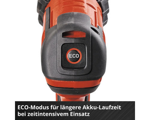 Nahaufnahme eines Werkzeugs mit einem Knopf, der mit ECO beschriftet ist, um den Energiesparmodus zu aktivieren.