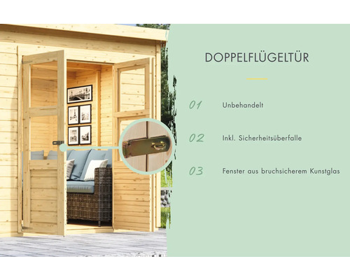 Doppelflügeltür eines Gartenhauses mit Sicherheitsüberfalle und Fenster aus bruchsicherem Kunstglas