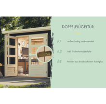 Doppelflügeltür mit Sicherheitsüberfalle und Fenster aus bruchsicherem Kunstglas.