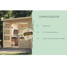 Doppelflügeltür aus unbehandeltem Holz mit Sicherheitsüberfalle und Fenstern aus bruchsicherem Kunstglas