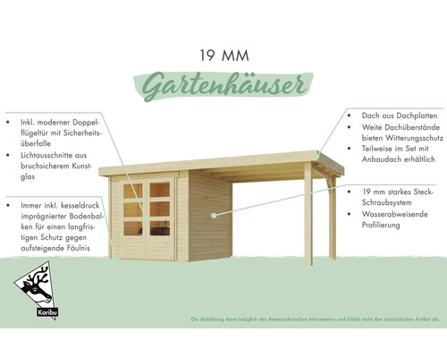 Abbildung eines Gartenhauses aus Holz mit Doppelflügeltür und Dachplatten