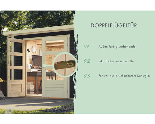 Doppel Flügeltür mit Sicherheitsüberfalle und Fenster aus bruchsicherem Kunstglas