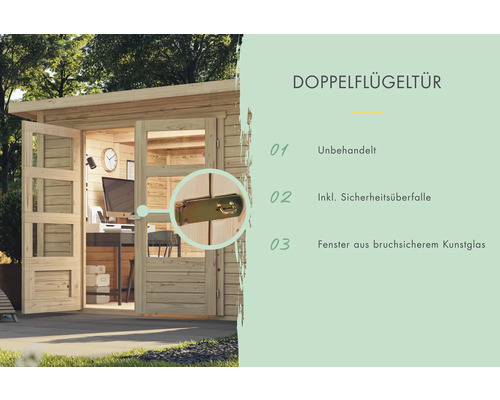 Doppelflügeltür eines Gartenhauses mit Sicherheitsüberfalle und Fenstern aus bruchsicherem Kunstglas