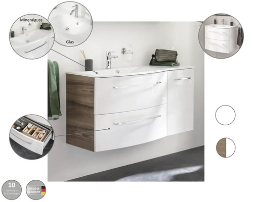 Waschtisch mit Unterschrank in Weiß und Holzoptik, mit Mineralgussbecken und Glasablage