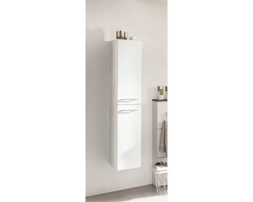 Hoher, weißer Badezimmerschrank mit zwei Türen und Griffen