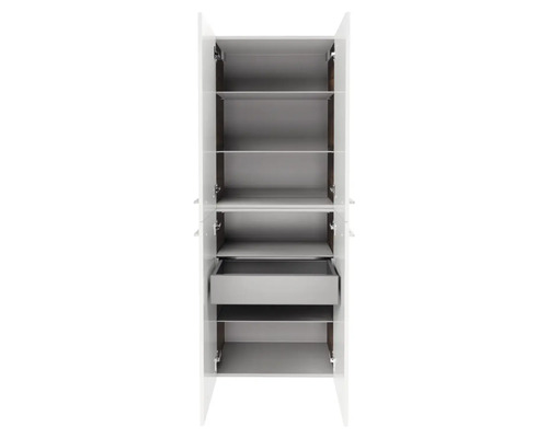Offener Badezimmerschrank mit Regalböden und Schublade