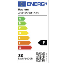 Radium Energielabel mit Energieeffizienzklasse F und einem Verbrauch von 30 kWh pro 1000 Stunden.