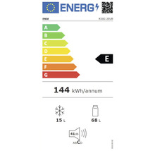 Energielabel mit der Energieeffizienzklasse E, einem jährlichen Energieverbrauch von 144 Kilowattstunden, einem Gefrierfachvolumen von 15 Litern und einem Kühlfachvolumen von 68 Litern.