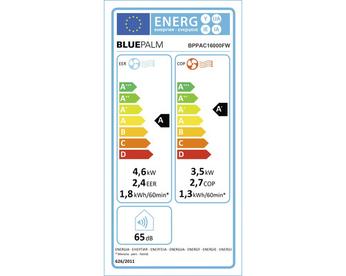 Energielabel für Klimaanlage mit Angaben zu Energieeffizienz und Geräuschentwicklung