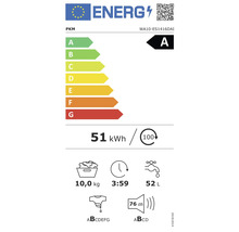 Energielabel für PKM Waschmaschine mit Energieeffizienzklasse A, 10 Kilogramm Fassungsvermögen und 51 Kilowattstunden Energieverbrauch pro 100 Waschzyklen.