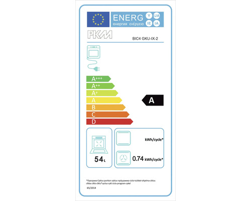 Energielabel des PKM BIC4 GKU-IX-2 Backofens mit der Energieeffizienzklasse A, einem Stromverbrauch von 0,74 Kilowattstunden pro Zyklus und einem Garraumvolumen von 54 Litern.