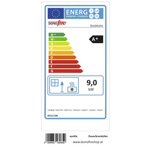 Energielabel des Dauerbrandofens Domofire Stockholm mit der Energieeffizienzklasse A+ und 9,0 Kilowatt Leistung